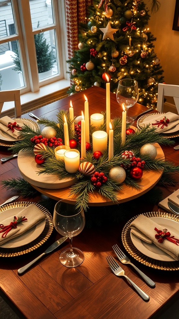 A festive Christmas table with a Lazy Susan centerpiece decorated with pine branches, ornaments, and candles.